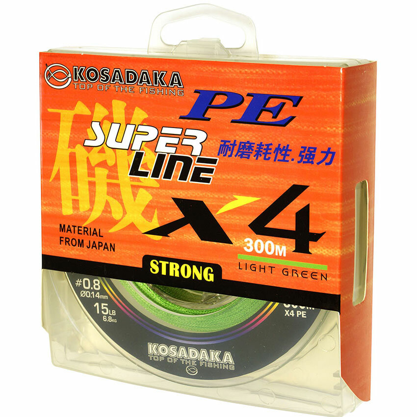 Шнур плетен. Kosadaka "SUPER LINE PE X4" 300м цв. light green; 0.14мм; 6.8кг