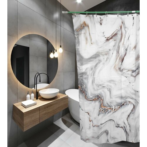 Штора для ванной комнаты 180х180 фотопринт Polyester 20127 с кольцами Серо-белый мрамор (П201) SANTREK HOME