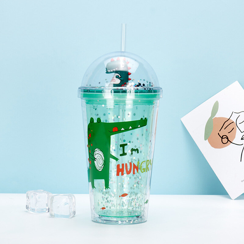 Стакан с трубочкой бутылка для воды с блестками "Динозаврик" 500мл. цвет зеленый - фотография № 2