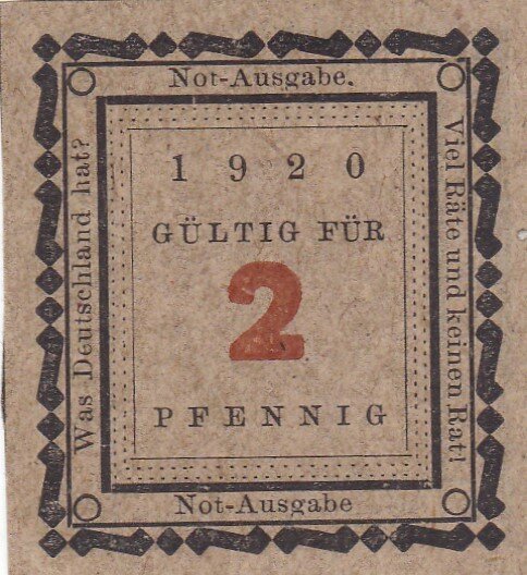 Германия (Веймарская Республика) Вассербург 2 пфеннига 1920 г. (№2)