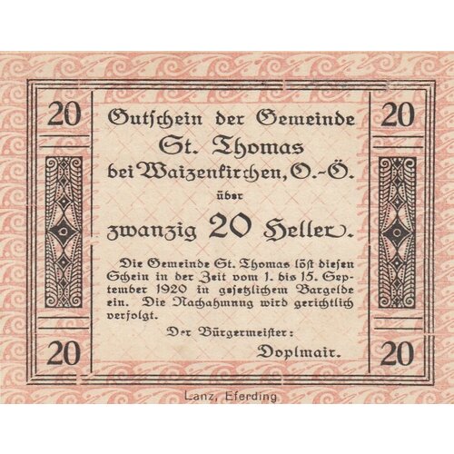 Австрия, Санкт-Томас-бай-Вайценкирхен 20 геллеров 1914-1920 гг. австрия санкт томас ам блазенштайн 50 геллеров 1914 1920 гг