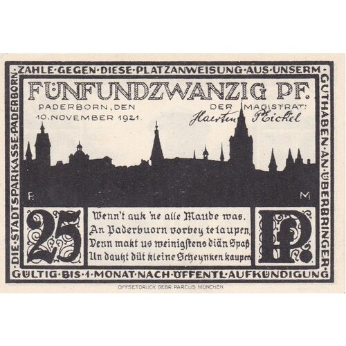 Германия (Веймарская Республика) Падерборн 25 пфеннигов 1921 г. (№1) германия веймарская республика падерборн 25 пфеннигов 1920 г