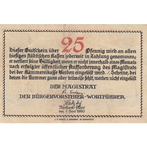 Германия (Веймарская Республика) Ферден (Аллер) 25 пфеннигов 1920 г.