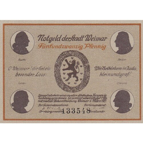 Германия (Веймарская Республика) Веймар 25 пфеннигов 1921 г. (№2) (2) банкнота нотгельды германия 25 пфеннигов 1921 год серия веймар купюра бона