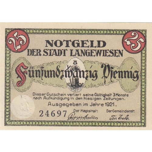 Германия (Веймарская Республика) Лангевизен 25 пфеннигов 1921 г.