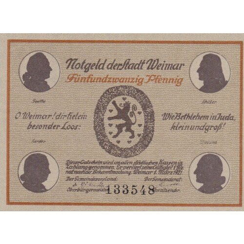 Германия (Веймарская Республика) Веймар 25 пфеннигов 1921 г. (№1) (2) клуб нумизмат монета 6 пфеннигов саксен веймар эйзенаха 1755 года серебро герб