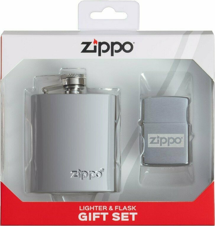 Подарочный набор ZIPPO: фляжка 89 мл и зажигалка, латунь/сталь, серебристый, в коробке с подвесом