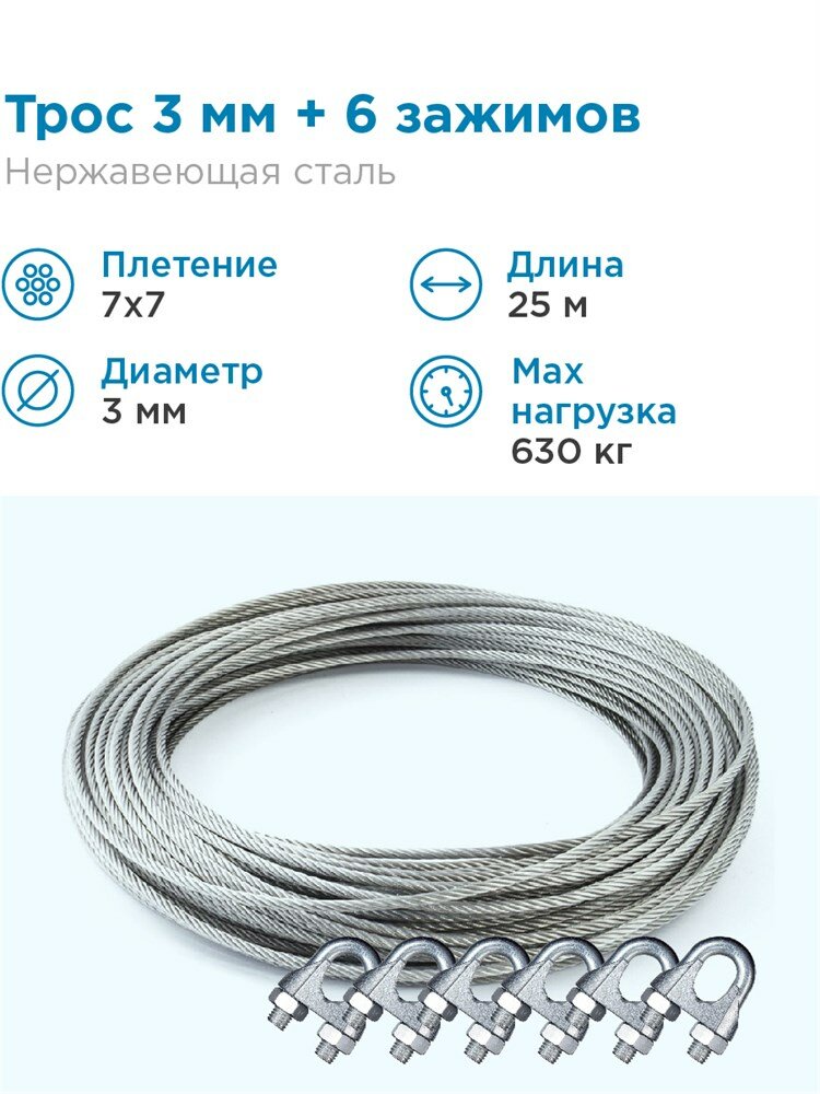 Гидротек Трос нержавеющая сталь 7x7 AISI 304, 3мм бухта 25 метров + зажим 3-4 мм 6шт.