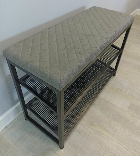 Изображение товара Обувница с мягким сиденьем "Дия" / 100х30х52см / черный каркас - серо-коричневый велюр (стежка ромб)