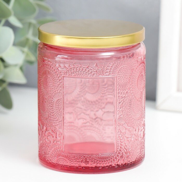 Банка для свечей стекло с крышкой "Цветочная" розовая, цилиндр 9х7х7 см 9107505