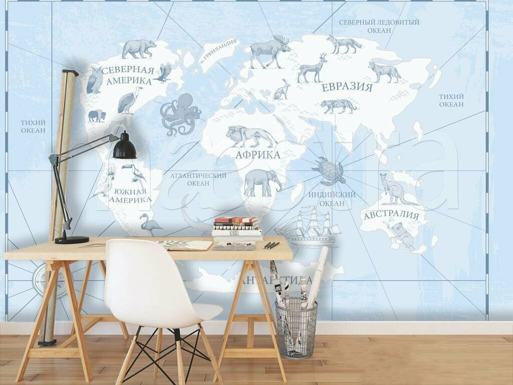 Фотообои Карта мира на русском с животными 275x423 (ВхШ), бесшовные, флизелиновые, MasterFresok арт 12-504