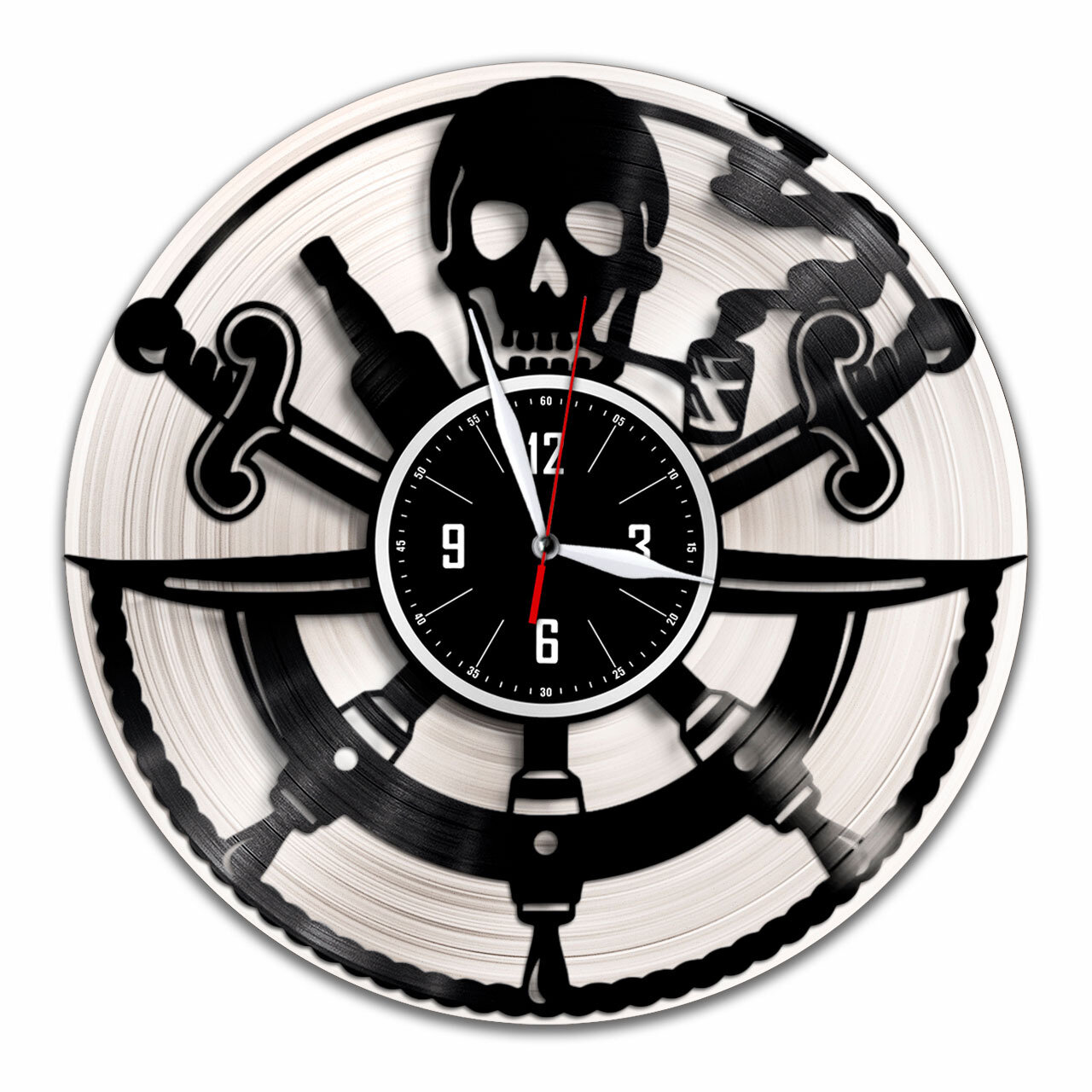 Пиратский штурвал - настенные часы из виниловой пластинки (с серебряной подложкой)
