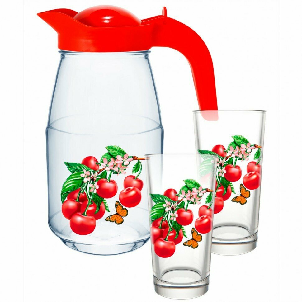фото Набор посуды для воды 3 предмета "Вишня на ветке" Декостек (графин 1,5 л+2 стакана по 250 мл) 1607/2-Д