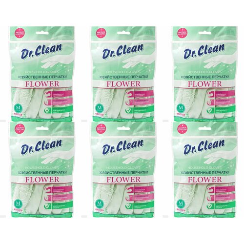 DR.CLEAN Перчатки хозяйственные поливиниловые FLOWER размер М - 6 штук