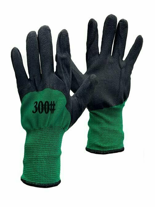 Перчатки 10пар с нитрил покрытием черно-зеленые 300, высокое качество