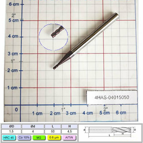 Фреза концевая, спиральная четырехзаходная 4 зуба прямоугольный торец Ø1,5мм хвостовик Ø4мм HRC45 покрытие TiAIN