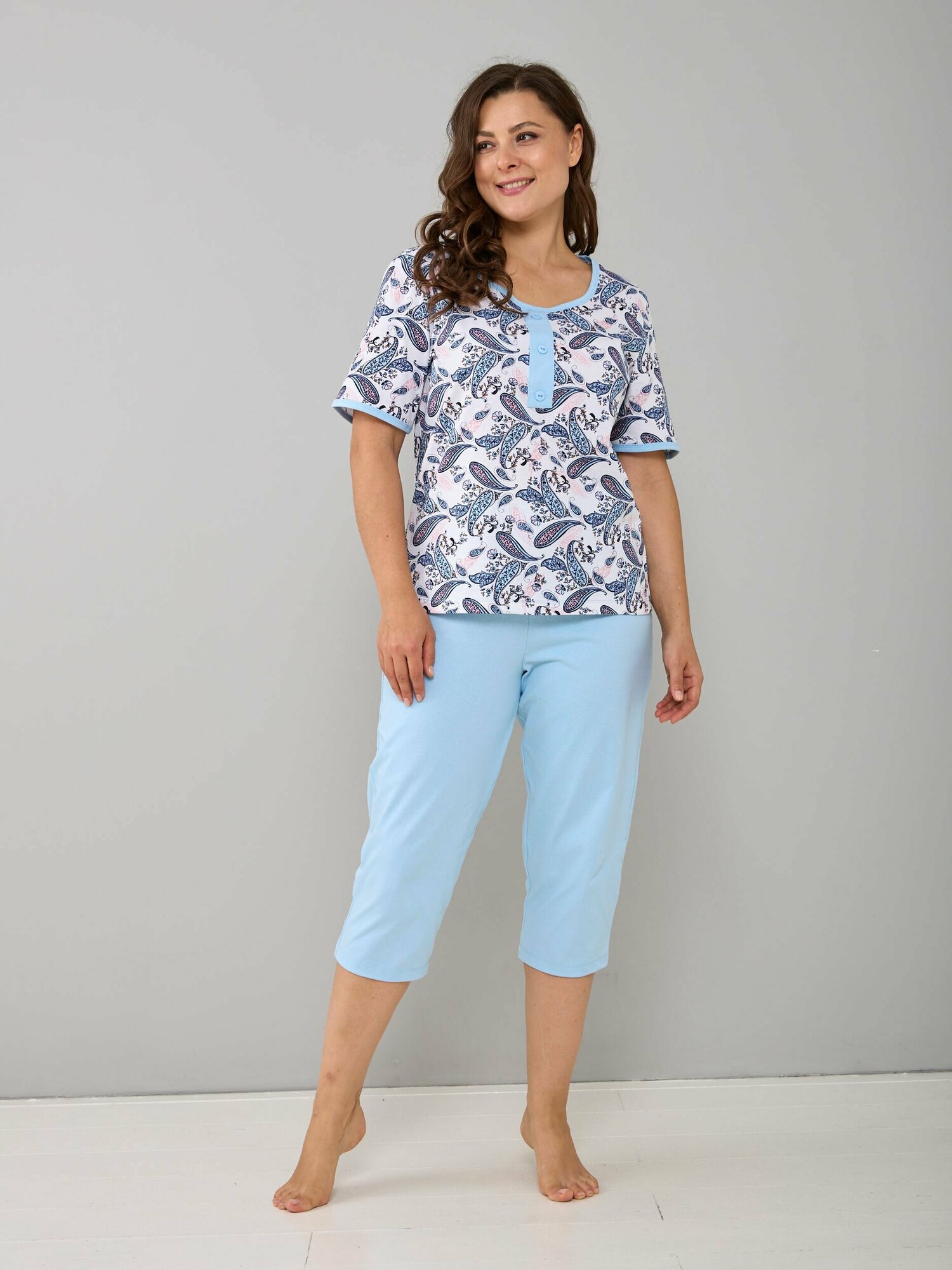 Пижама Алтекс, бриджи, футболка, короткий рукав, размер 48, голубой - фотография № 2