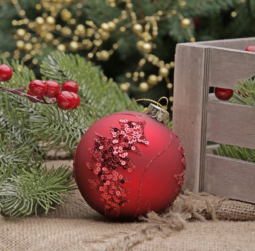 Рождественская декорация (Шар стеклянный красный с узором диаметр 8 см)