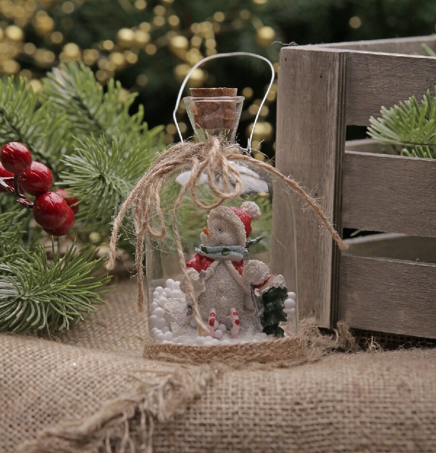 Рождественская декорация Снеговик в стеклянной баночке (6х6х11 см)
