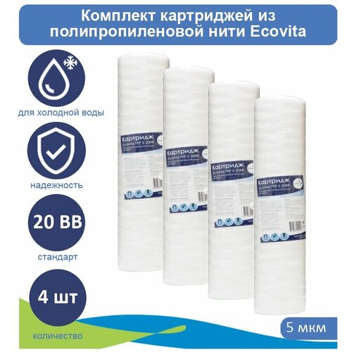 Картриджи нитяной Ecovita TPP 5 20BB для холодной воды 4 шт. картриджи нитяной ecovita tpp 5 20bb для холодной воды 4 шт