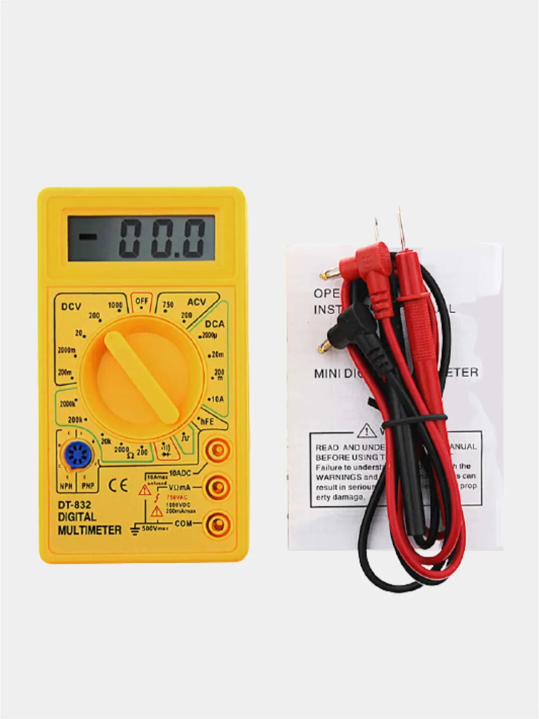 Мультиметр DT-832 с прозвонкой, инструкция по эксплуатации на русском языке, с батарейкой, желтый - фотография № 1