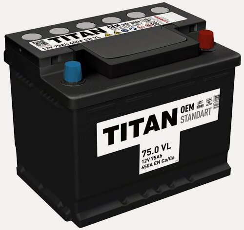 Изображение товара Аккумулятор автомобильный TITAN STANDART 75 А/ч 650 A обр. пол. Евро авто (278x175x190)