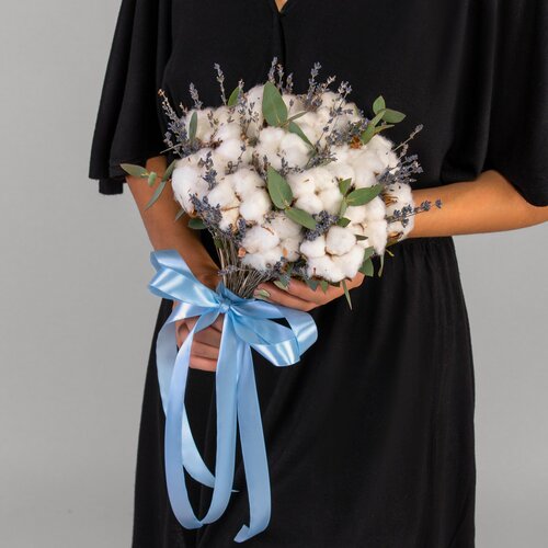 Изображение товара Дуо-букет Мегацвет24 "Миниатюрный", хлопок и лаванда сухоцвет, сборка под ленту