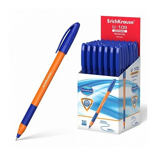 Ручка Er.Krause U-109 Orange Stick&Grip 1.0, Ultra Glide Technology синяя 47591 оранж. кор. (50/200) ручка шариковая erichkrause u 109 original stickamp grip 1 0 ultra glide technology синяя 50шт в упаковке ручка набор 50шт