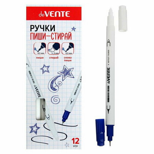 Ручка со стираемыми чернилами капилярная 0.5 мм и 3 мм, белый корпус, чернила синие, 12 шт.