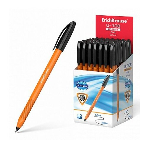 Ручка Er.Krause U-108 Orange Stick 1.0, Ultra Glide Technology черный желтый кор. 47583 (50/200) ручка шариковая erichkrause u 109 orange stick grip 1 0 ultra glide technology синяя 50 шт