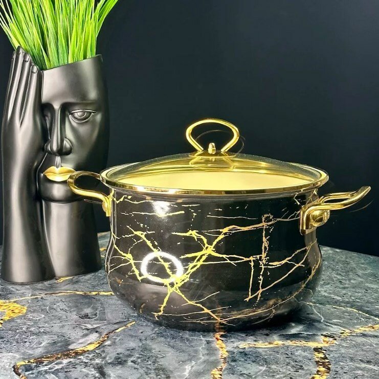 фото Кастрюля змалированная 5л. с крышкой 24см черный мрамор в под. уп. 776-058 118-776-058