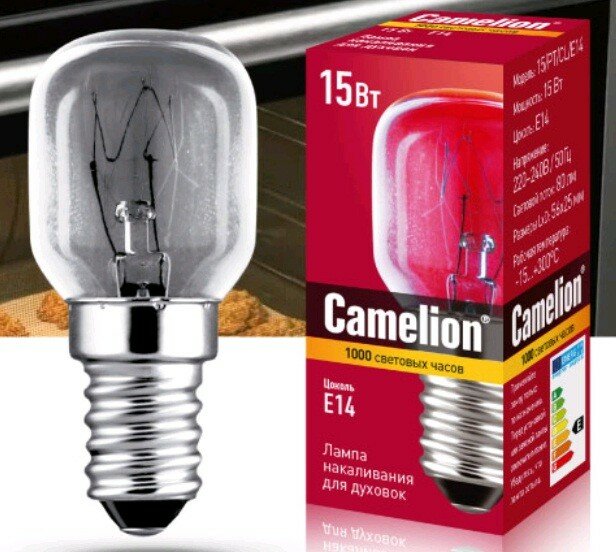 Camelion лампа накаливания для духовок (+300°) E14 15W 220V прозрачная 56x25 15/PT/CL/E14 (арт. 637890)