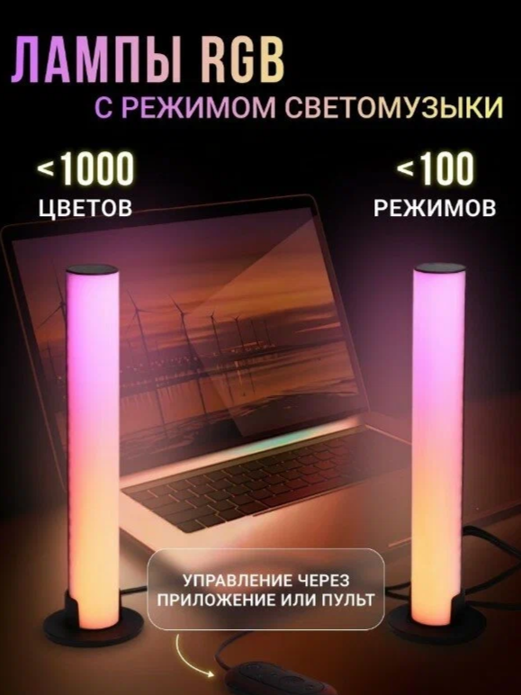 LED светодиодная лампа/RGB светильник настольный/настенный/домашний/ночник/торшер/игровая подсветка/для стримов/2 м/управление со смартфона