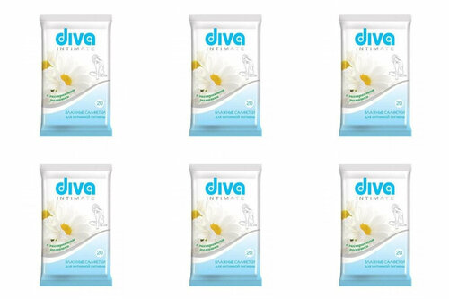 DIVA влажные салфетки для интимной гигиены c экстрактом ромашки 20шт в уп, 6 уп