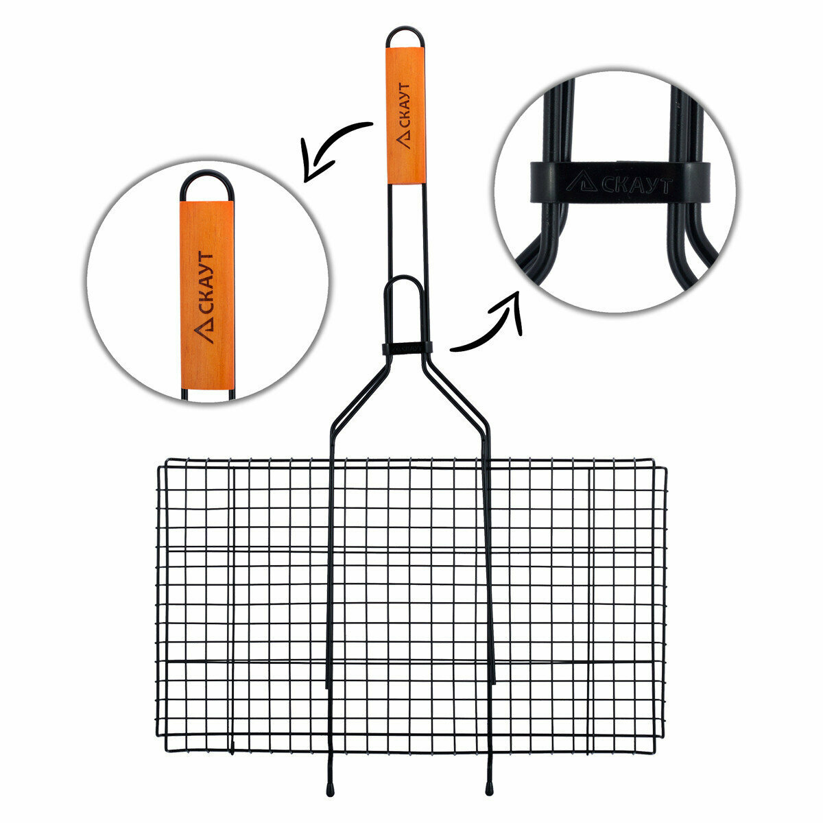 Решетка для гриля 44,5х26х2,5 см. с антипригарным покрытием скаут СК-0714 с деревянными ручками - фотография № 4