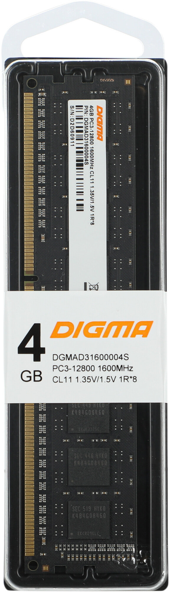 Память DDR3L 4Gb 1600MHz Digma DGMAD31600004S RTL PC3-12800 CL11 DIMM 240-pin 1.35В Низкопрофильная single rank