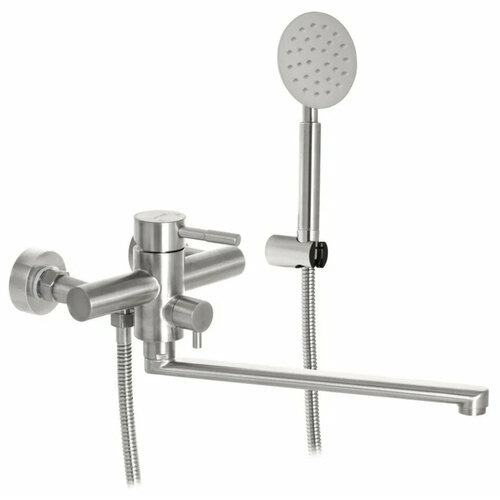 Однорычажный смеситель для ванны с душевой лейкой и длинным поворотным изливом 30 см ZERIX SUS-006 EURO, нержавеющая сталь