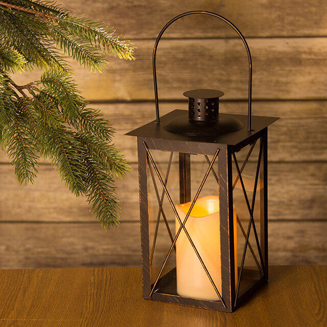 фото Kaemingk Фонарь Аврора со светодиодной свечой, 15*15*37 см, черный, таймер, батарейка 482418