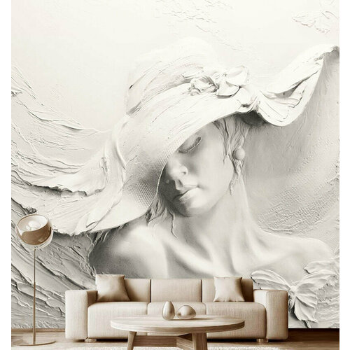 Фотообои на стену флизелиновые 3D Модный Дом Красотка в стильной шляпке 300x300 см (ШxВ), фотообои скульптура, искусство