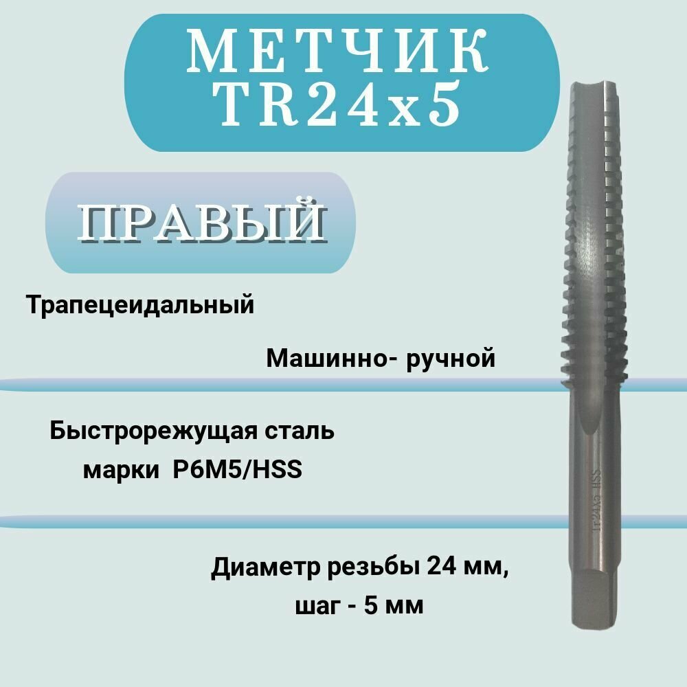 Метчик машинно-ручной трапецеидальный TR24 шаг 5 мм (TR24х5), правый, 1 шт