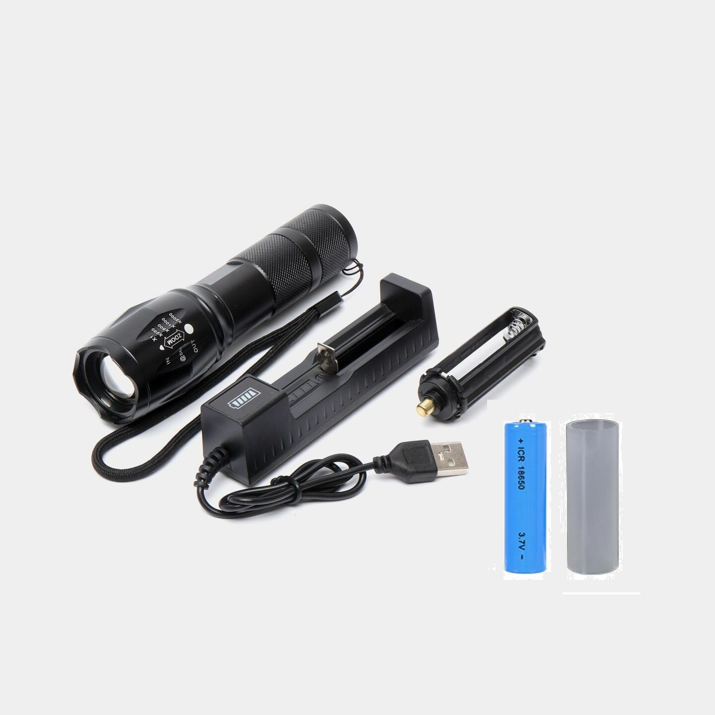 Фонарик ручной аккумуляторный светодиодный с зум фокусировкой с зарядным устройством и аккумулятором в комплекте
