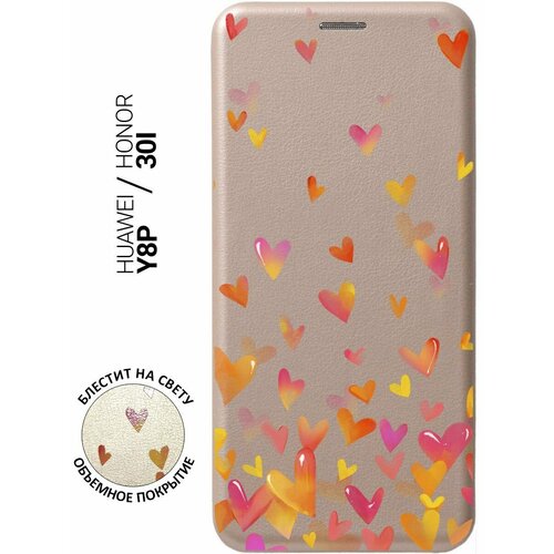 Чехол-книжка на Honor 30i, Huawei Y8P, Хуавей У8Р, Хонор 30ай с 3D принтом Flying Hearts золотистый чехол книжка на honor 30i huawei y8p хуавей у8р хонор 30ай с 3d принтом синий мрамор золотой