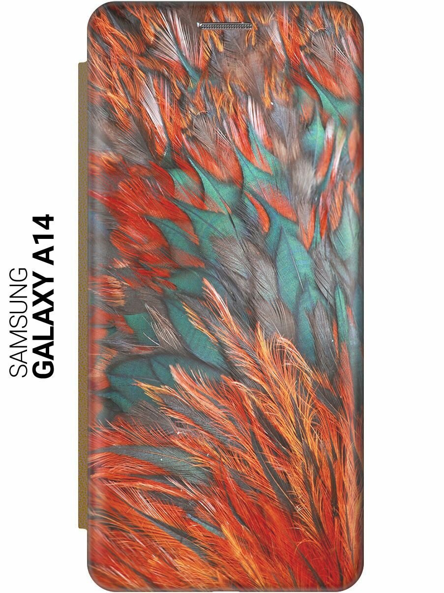 Чехол-книжка на Samsung Galaxy A14, Самсунг А14 c принтом "Разноцветные перья" золотистый