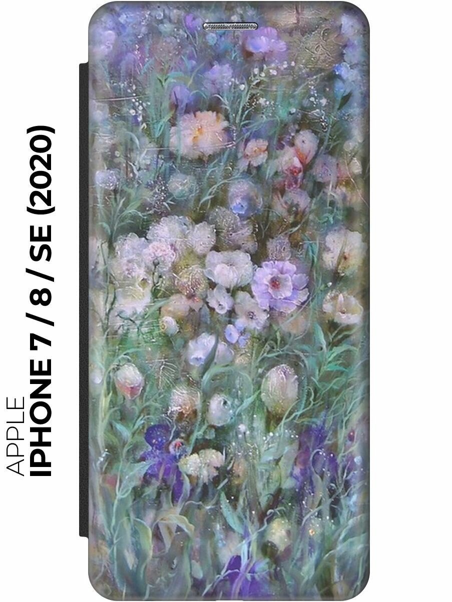 Чехол-книжка на Apple iPhone SE (2022) / SE (2020) / 8 / 7 / Эпл Айфон СЕ 2022 / СЕ 2020 / 8 / 7 с рисунком "Сиреневое поле" черный