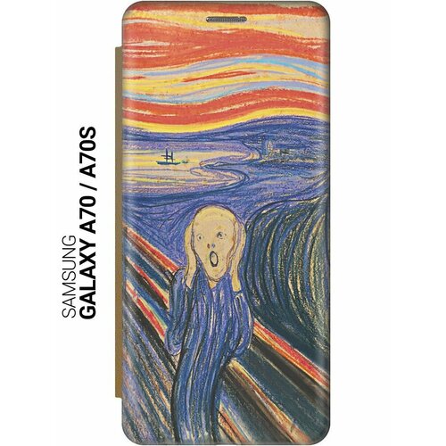 чехол книжка на samsung galaxy a70 a70s самсунг а70 а70с c принтом город у моря золотистый Чехол-книжка на Samsung Galaxy A70, A70s, Самсунг А70, А70с c принтом Крик золотистый