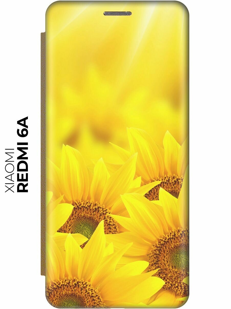 Чехол-книжка Подсолнухи на Xiaomi Redmi 6A / Сяоми Редми 6А золотой