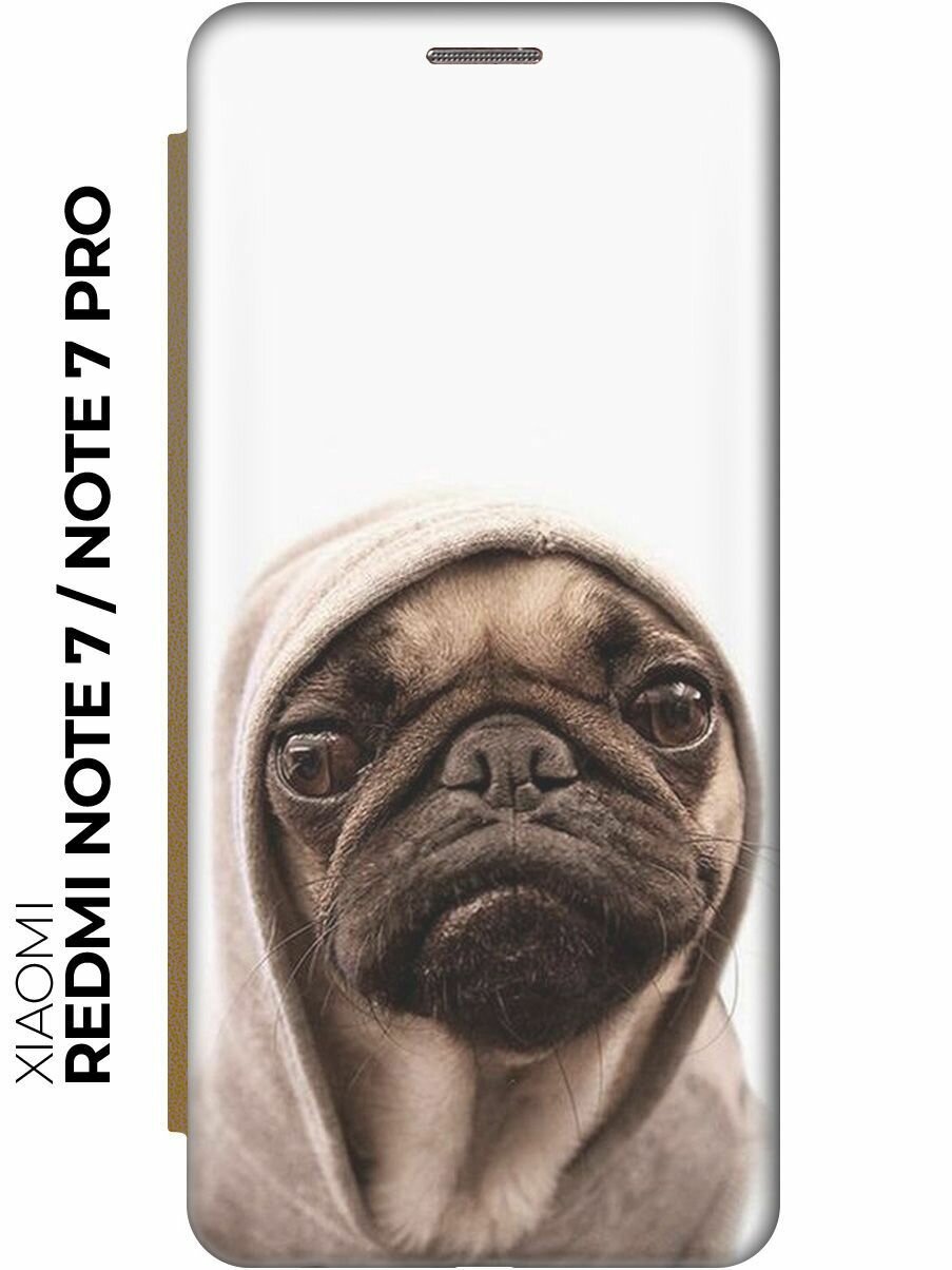 Чехол-книжка Мопс в капюшоне на Xiaomi Redmi Note 7 / Note 7 Pro / Сяоми Редми Ноут 7 / Ноут 7 Про золотой