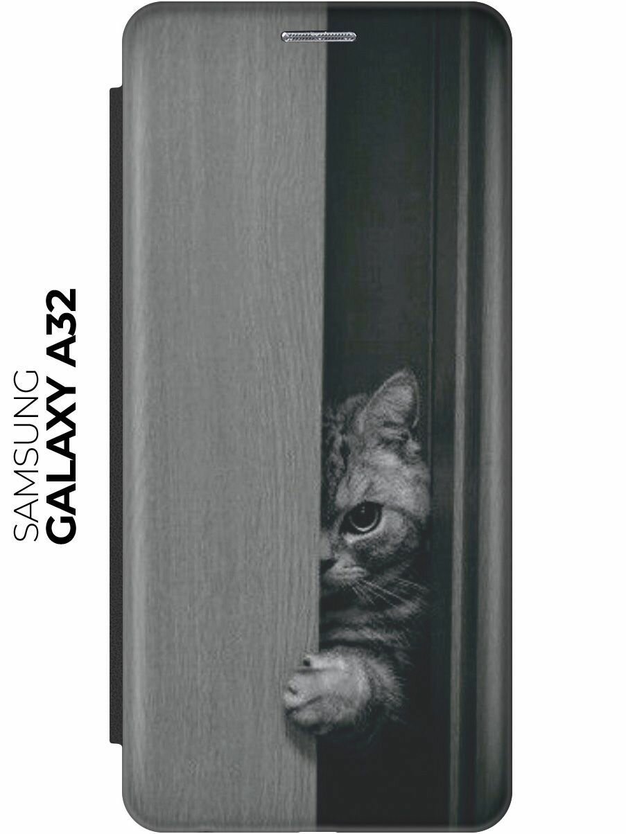Чехол-книжка Подглядывающий котик на Samsung Galaxy A32 / Самсунг А32 черный