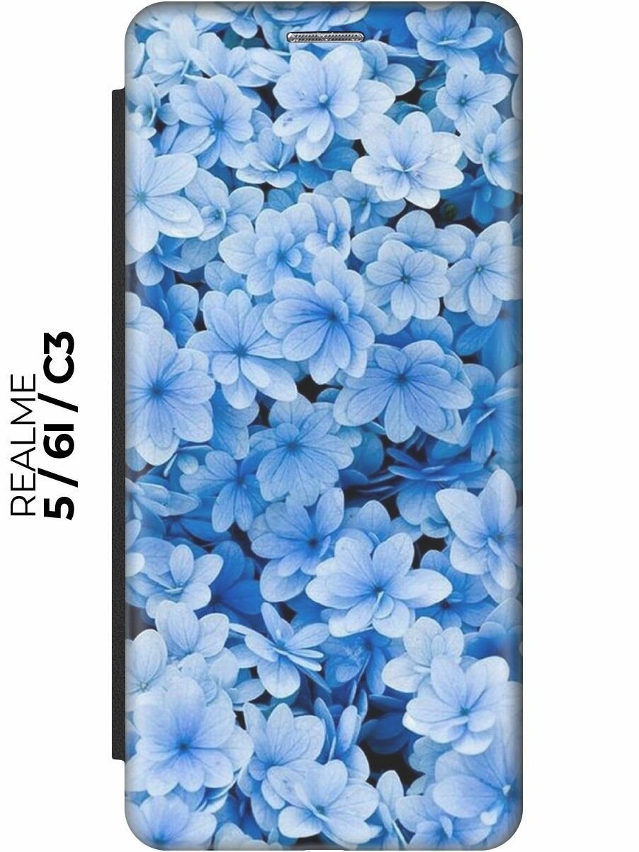 Чехол-книжка Голубые цветочки на realme 5 / 6i / C3 / Рилми 5 / 6 ай / С3 черный
