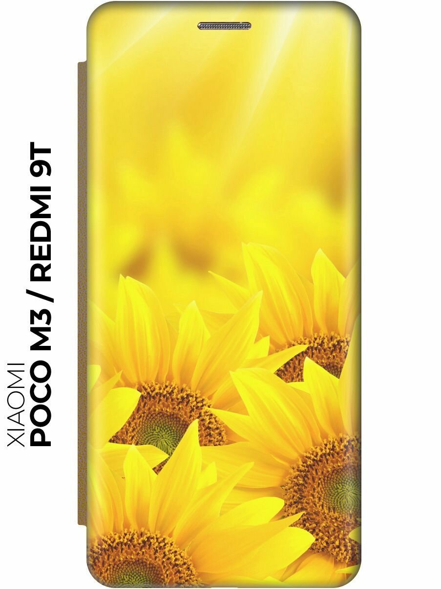 Чехол-книжка Подсолнухи на Xiaomi Redmi 9T / Poco M3 / Сяоми Поко М3 / Сяоми Редми 9Т золотой